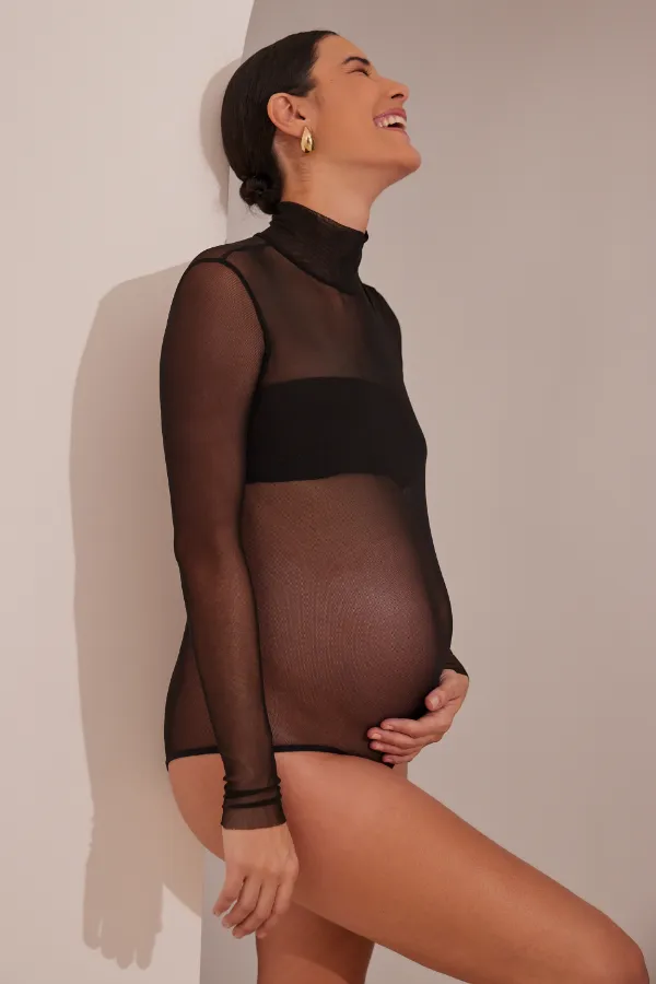 BODY TULE MANGA LONGA COM TOP FAIXA GESTANTE PRETO - Imagem 2