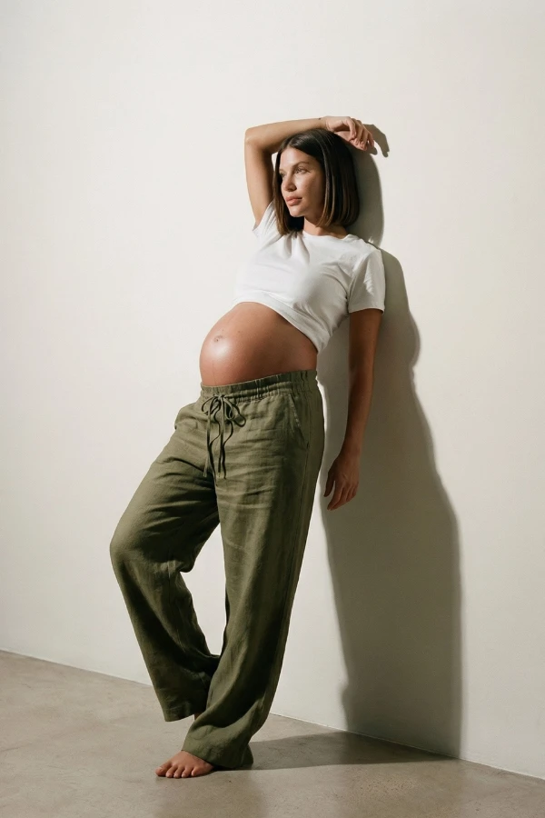 CALÇA AJUSTÁVEL DE LINHO GESTANTE E PÓS-PARTO VERDE OLIVA - Imagem 2