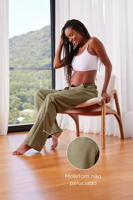 CALÇA GESTANTE MOLETOM COMFY RETA  VERDE MILITAR