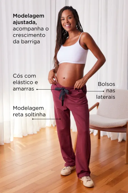 CALÇA GESTANTE MOLETOM COMFY RETA  VINHO