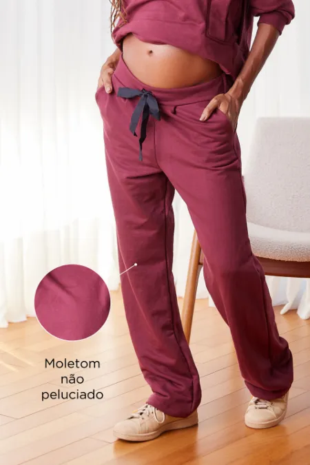 CALÇA GESTANTE MOLETOM COMFY RETA  VINHO