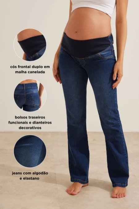 CALÇA JEANS CLÁSSICA CÓS AJUSTÁVEL GESTANTE E PÓS-PARTO AZUL ESCURO