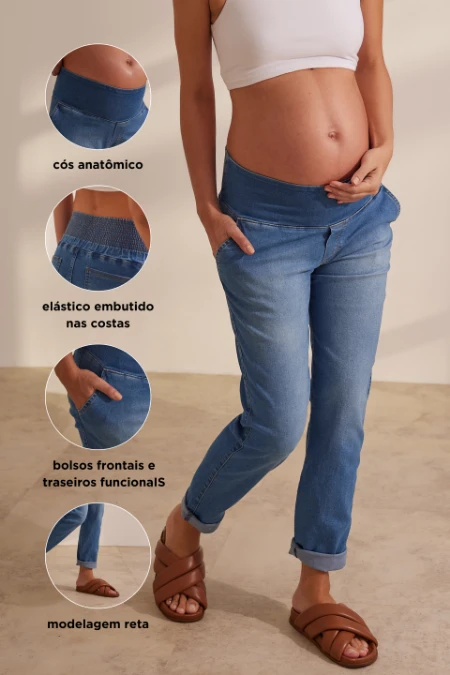 CALÇA JEANS GESTANTE E PÓS-PARTO RETA AZUL CLARO