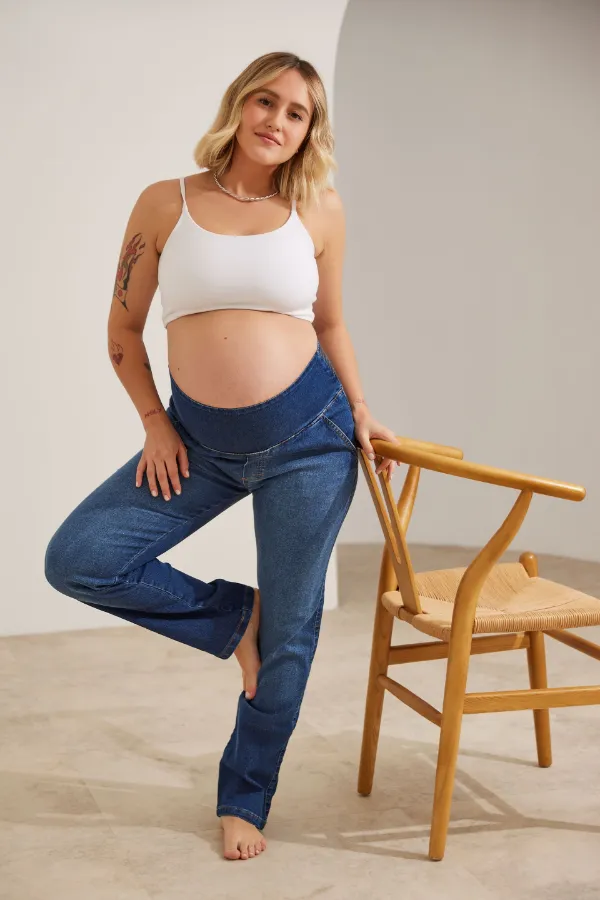 CALÇA JEANS GESTANTE E PÓS-PARTO RETA AZUL ESCURO - Imagem 1