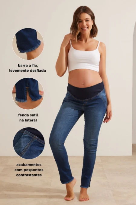 CALÇA JEANS SKINNY CÓS AJUSTÁVEL GESTANTE E PÓS-PARTO AZUL ESCURO