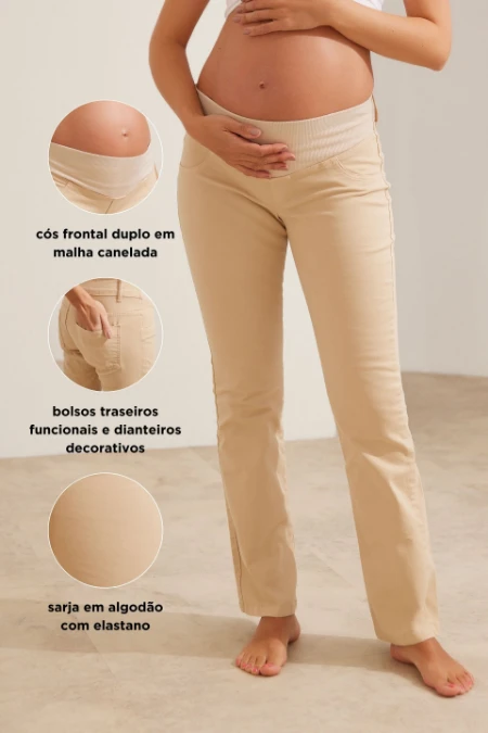 CALÇA SARJA CLÁSSICA CÓS AJUSTÁVEL GESTANTE E PÓS-PARTO CAQUI