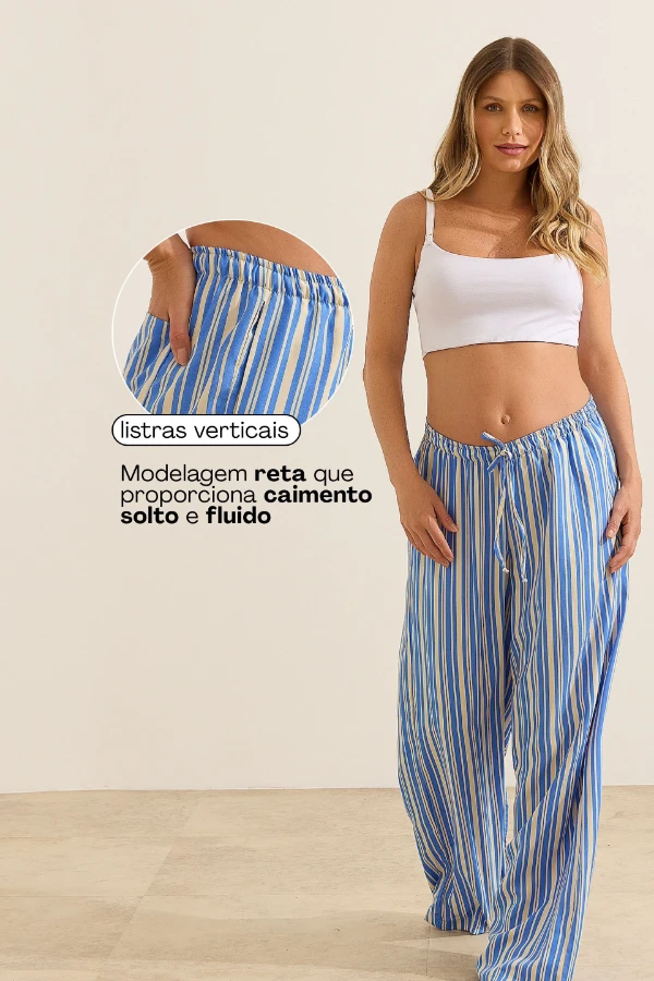 CALÇA SOLTINHA REGULÁVEL COM BOLSO GESTANTE E PÓS-PARTO LISTRAS AZUL - Imagem 2
