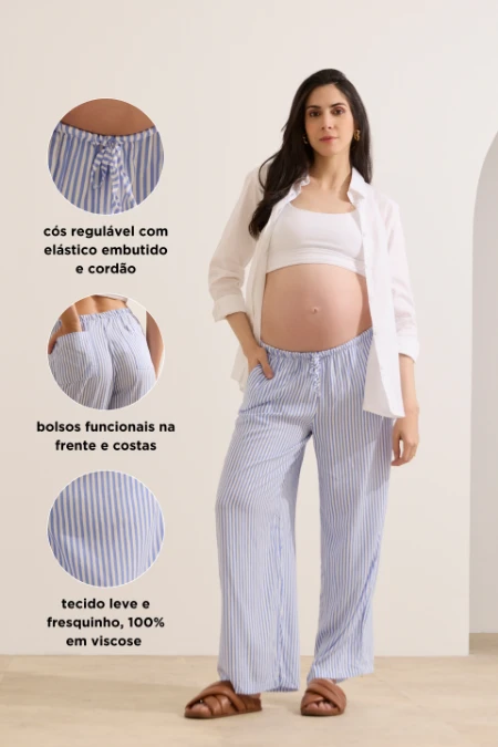 CALÇA SOLTINHA REGULÁVEL COM BOLSO GESTANTE E PÓS-PARTO LISTRADO AZUL CLARO