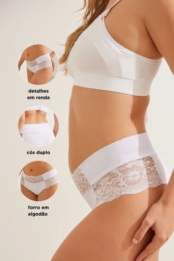 CALCINHA GESTANTE E PÓS-PARTO POLIAMIDA COM RENDA FORRO ALGODÃO BRANCO - Imagem 2