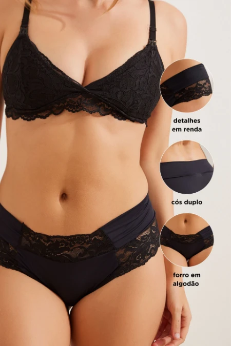 CALCINHA GESTANTE E PÓS-PARTO POLIAMIDA COM RENDA FORRO ALGODÃO PRETO