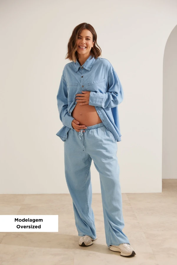 CAMISA JEANS LEVE COM BOLSO GESTANTE E AMAMENTAÇÃO AZUL CLARO - Imagem 1
