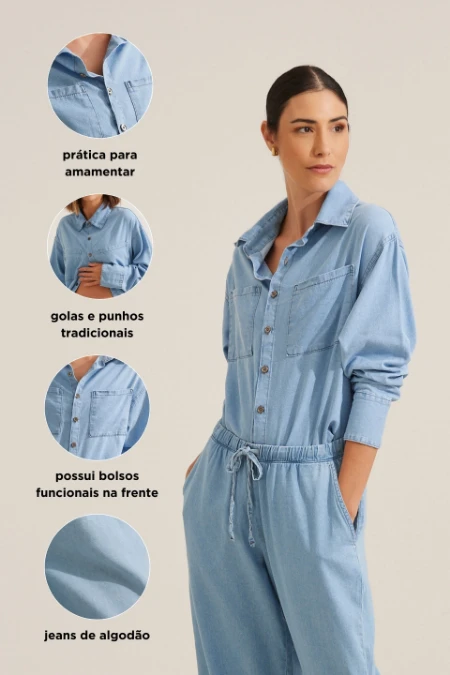 CAMISA JEANS LEVE COM BOLSO GESTANTE E AMAMENTAÇÃO AZUL CLARO