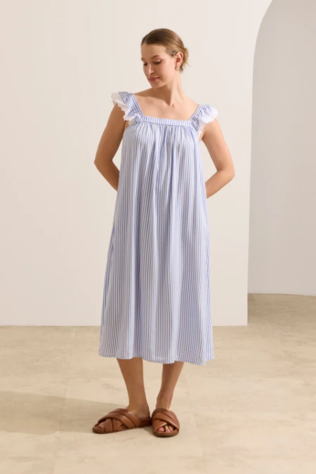 CAMISOLA DE PASSEIO GESTANTE E AMAMENTAÇÃO LISTRADO AZUL CLARO