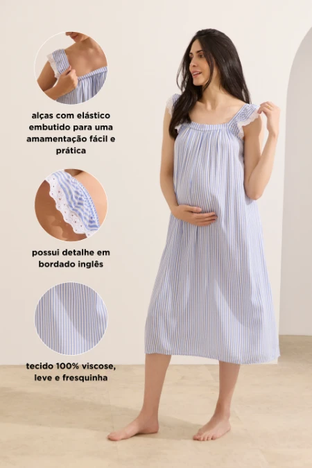 CAMISOLA DE PASSEIO GESTANTE E AMAMENTAÇÃO LISTRADO AZUL CLARO