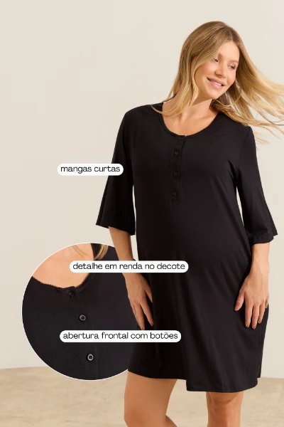 CAMISOLA GESTANTE E AMAMENTAÇÃO MANGA CURTA COM RENDA PRETO - Imagem 2