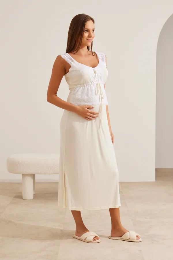 CAMISOLA MATERNIDADE LONGA POLIAMIDA E RENDA CREME - Imagem 1