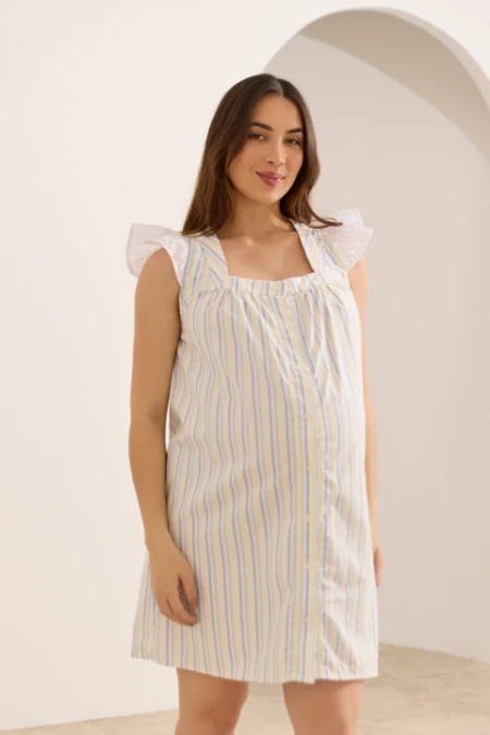 CAMISOLA MATERNIDADE CURTA DE ALGODÃO CASA E RUA LISTRADO AZUL E AMARELO