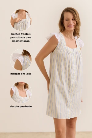 CAMISOLA MATERNIDADE CURTA DE ALGODÃO CASA E RUA LISTRADO AZUL E AMARELO - Imagem 2