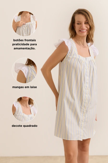 CAMISOLA MATERNIDADE CURTA DE ALGODÃO CASA E RUA LISTRADO AZUL E AMARELO