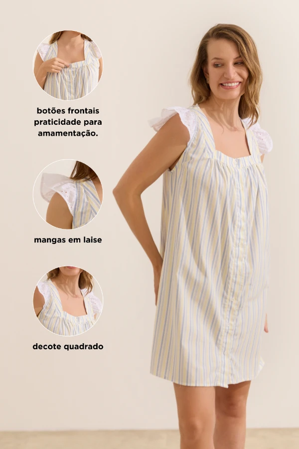 CAMISOLA MATERNIDADE CURTA DE ALGODÃO CASA E RUA LISTRADO AZUL E AMARELO - Imagem 2