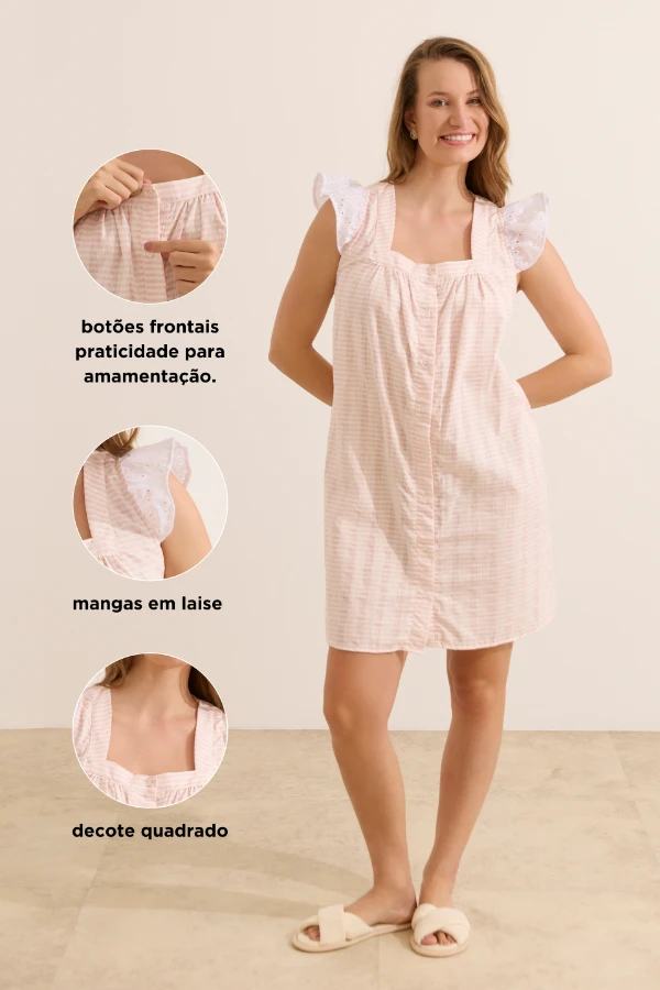 CAMISOLA MATERNIDADE CURTA DE ALGODÃO CASA E RUA LISTRADO OFF E ROSA - Imagem 2