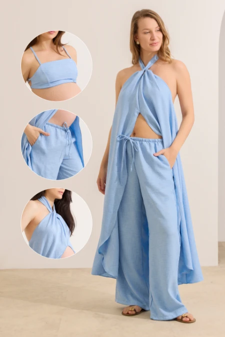 CONJUNTO 3 PEÇAS CALÇA, TÚNICA E TOP AZUL CLARO