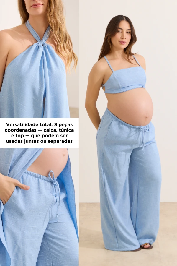 CONJUNTO 3 PEÇAS CALÇA TÚNICA E TOP AZUL CLARO - Imagem 2