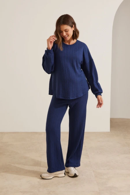 CONJUNTO BLUSA E CALÇA TRICOT TEXTURIZADO GESTANTE E AMAMENTAÇÃO MARINHO