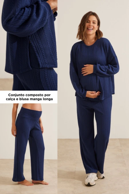 CONJUNTO BLUSA E CALÇA TRICOT TEXTURIZADO GESTANTE E AMAMENTAÇÃO MARINHO