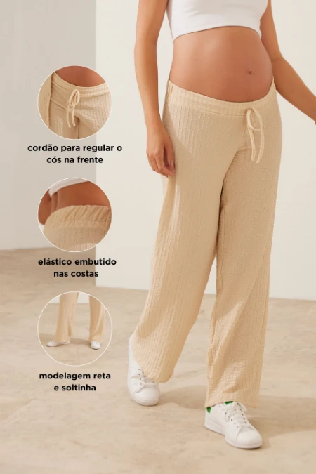 CONJUNTO CALÇA E CAMISA MALHA TEXTURIZADA GESTANTE E AMAMENTAÇÃO AREIA