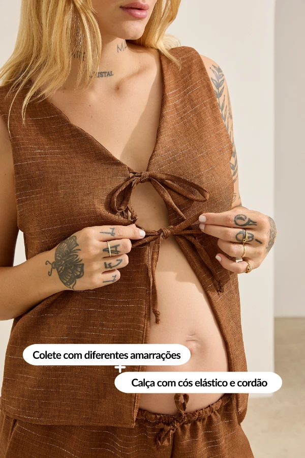 CONJUNTO REGULAVEL CALÇA E COLETE GESTANTE E AMAMENTAÇÃO MARROM - Imagem 2