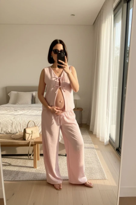 CONJUNTO REGULAVEL CALÇA E COLETE GESTANTE E AMAMENTAÇÃO ROSA CLARO