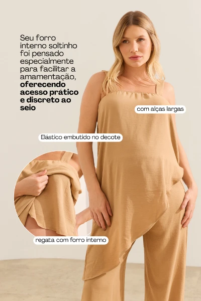 CONJUNTO CALÇA E REGATA ASSIMÉTRICA GESTANTE E AMAMENTAÇÃO CAQUI - Imagem 2