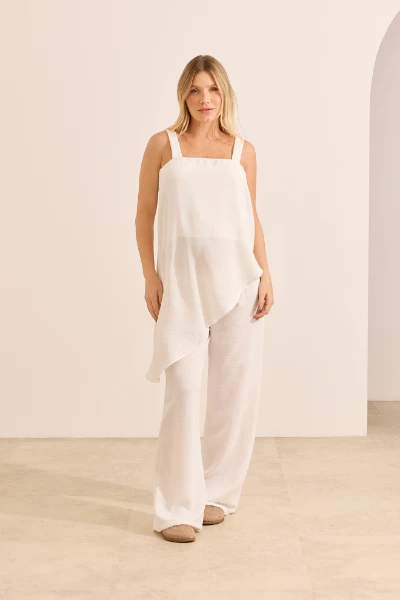 CONJUNTO CALÇA E REGATA ASSIMÉTRICA GESTANTE E AMAMENTAÇÃO OFF WHITE - Imagem 1
