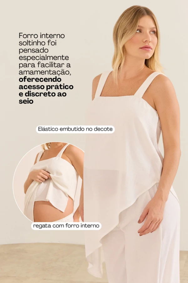 CONJUNTO CALÇA E REGATA ASSIMÉTRICA GESTANTE E AMAMENTAÇÃO OFF WHITE - Imagem 2