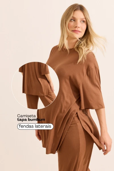 CONJUNTO GESTANTE E AMAMENTAÇÃO CONFORTÁVEL CALÇA E CAMISETA OVER CAFE - Imagem 2