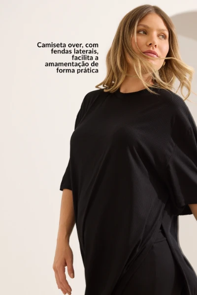 CONJUNTO GESTANTE E AMAMENTAÇÃO CONFORTÁVEL CALÇA E CAMISETA OVER PRETO - Imagem 2