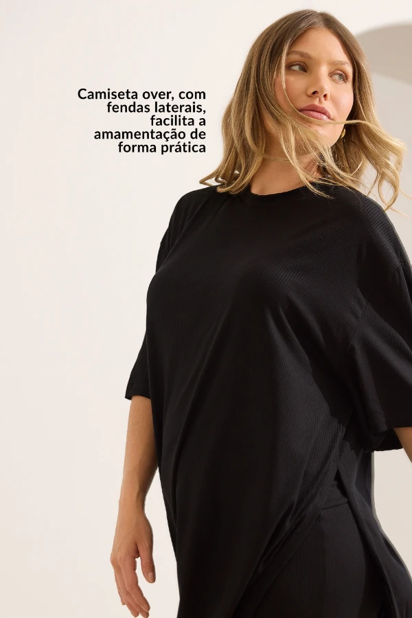 CONJUNTO GESTANTE E AMAMENTAÇÃO CONFORTÁVEL CALÇA E CAMISETA OVER PRETO - Imagem 2