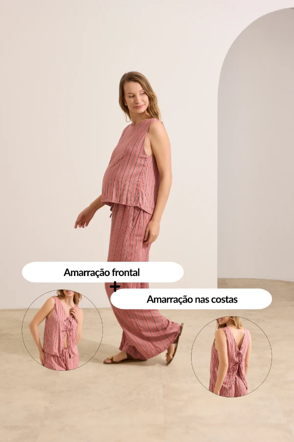 CONJUNTO GESTANTE E AMAMENTAÇÃO EM VISCOSE CALÇA E COLETE LISTRADO ROSA - Imagem 2