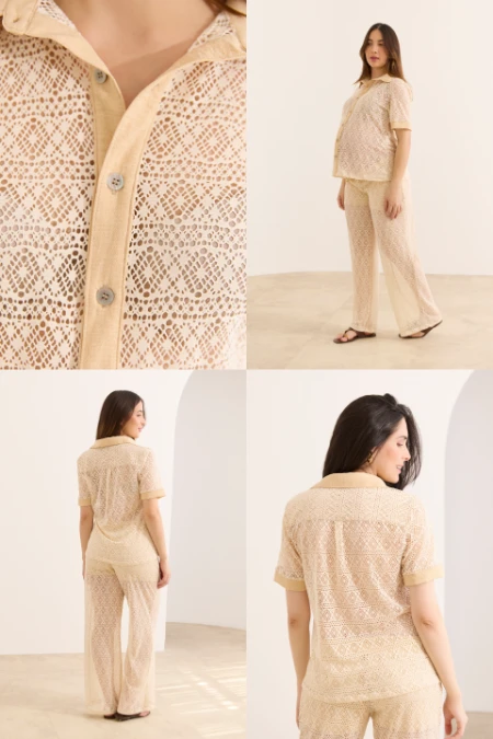 CONJUNTO GESTANTE E AMAMENTAÇÃO CALÇA AJUSTÁVEL E CAMISA DE RENDA NATURAL