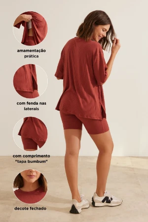 CONJUNTO GESTANTE E AMAMENTAÇÃO CAMISETA OVER E SHORT MARROM - Imagem 2