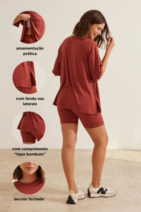 CONJUNTO GESTANTE E AMAMENTAÇÃO CAMISETA OVER E SHORT MARROM