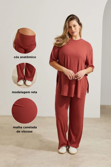 CONJUNTO GESTANTE E AMAMENTAÇÃO CONFORTÁVEL CALÇA E CAMISETA OVER MARROM