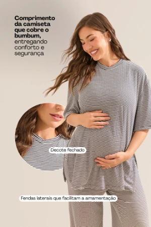 CONJUNTO GESTANTE E AMAMENTAÇÃO CONFORTÁVEL CALÇA E CAMISETA OVER LISTRADO - Imagem 2
