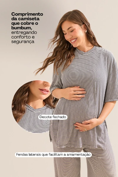 CONJUNTO GESTANTE E AMAMENTAÇÃO CONFORTÁVEL CALÇA E CAMISETA OVER LISTRADO - Imagem 2