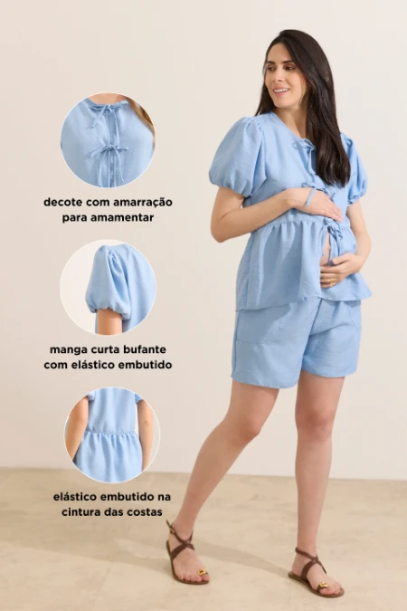 CONJUNTO GESTANTE E AMAMENTAÇÃO SHORT E BLUSA COM AMARRAÇÃO AZUL CLARO