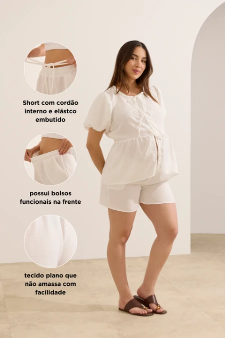 CONJUNTO GESTANTE E AMAMENTAÇÃO SHORT E BLUSA COM AMARRAÇÃO OFF WHITE