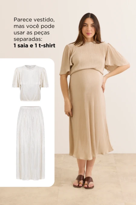 CONJUNTO GESTANTE T-SHIRT E SAIA MIDI PLISSADO DOURADO