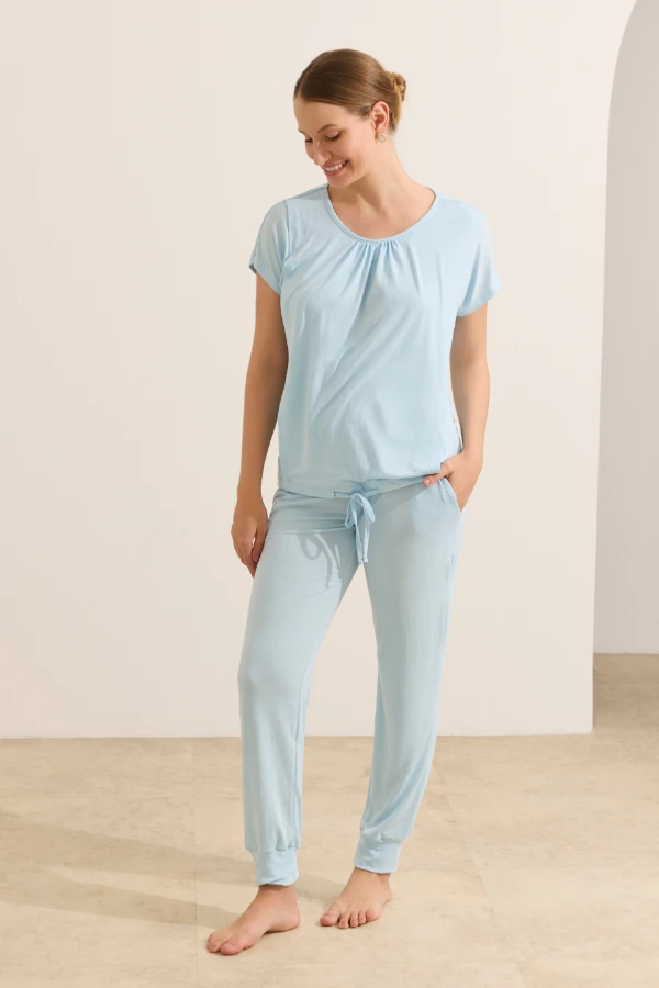 CONJUNTO HOME WEAR COM CALÇA GRAVIDEZ E AMAMENTAÇÃO AZUL CLARO - Imagem 1