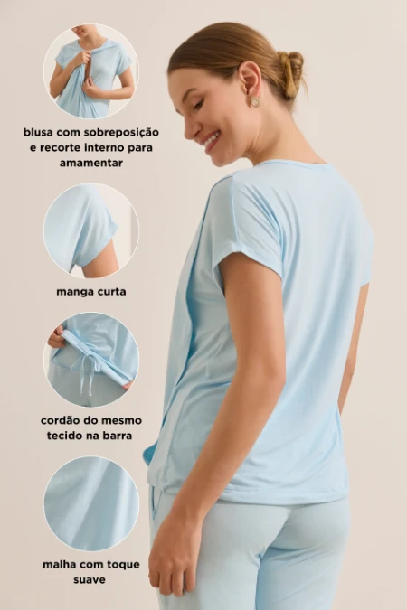 CONJUNTO HOME WEAR COM CALÇA GRAVIDEZ E AMAMENTAÇÃO AZUL CLARO